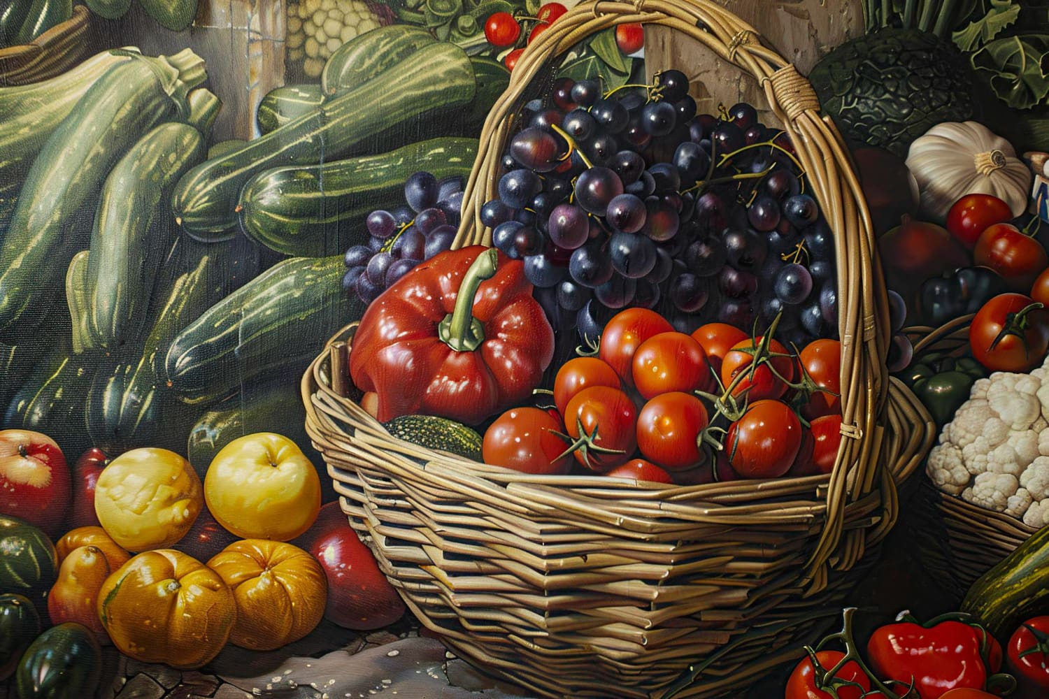 The artist demonstrates extraordinary technical virtuosity in rendering the varied textures and surfaces of the produce.