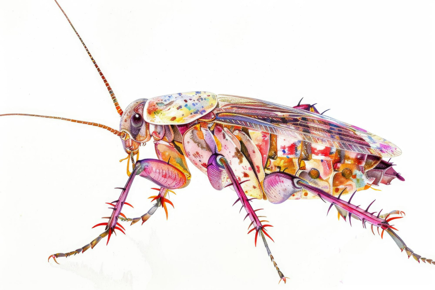 This exquisitely detailed illustration celebrates the hidden artistry of nature through a masterfully rendered insect rendered in a spectacular explosion of color.