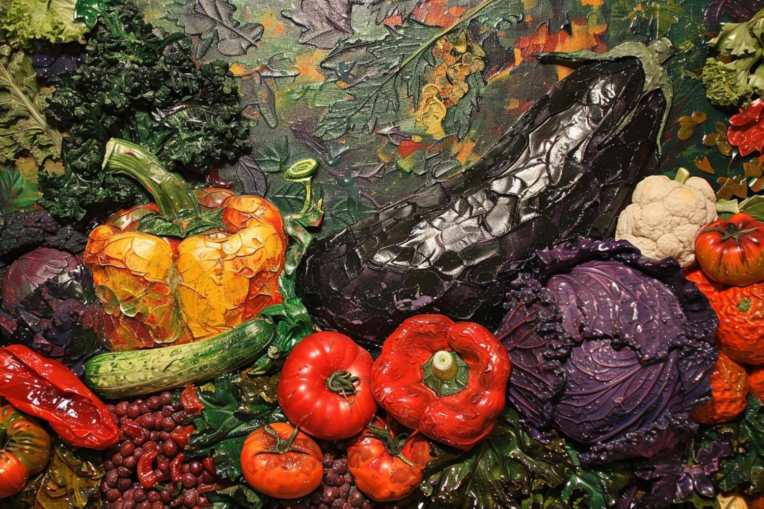 This extraordinarily textured oil painting celebrates the bountiful diversity of fresh vegetables through a dynamic, almost sculptural approach.
