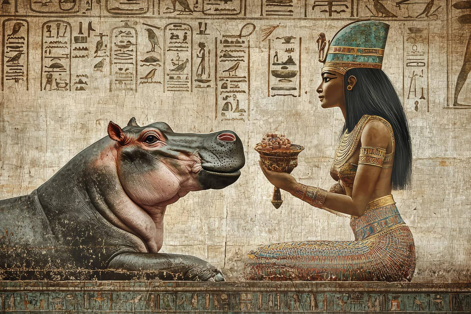 This compelling artwork depicts a sacred ritual moment between an Egyptian priestess or noblewoman and a hippopotamus, representing the divine encounter with Taweret.