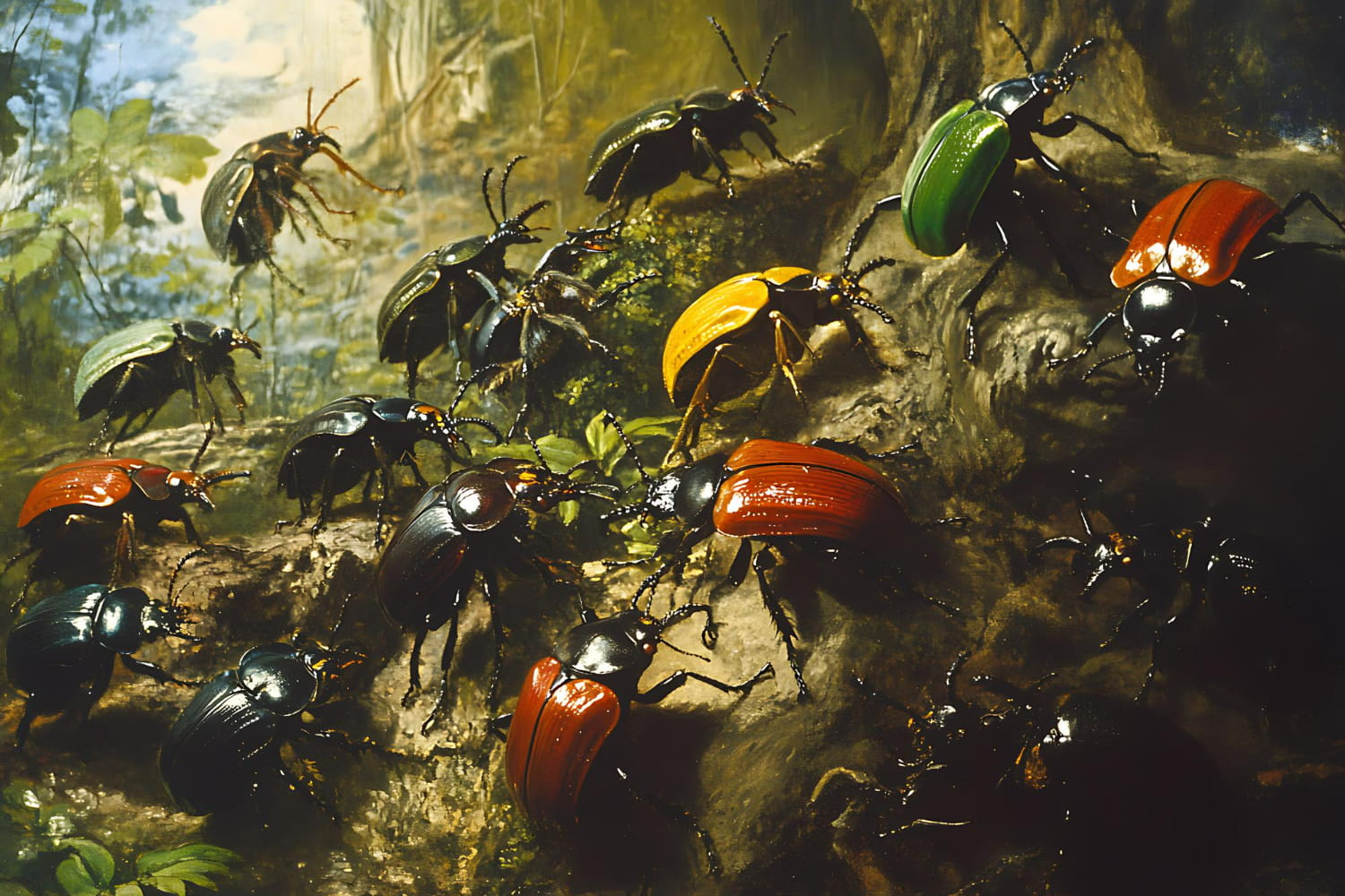 The scene is set on a weathered rock or log surface, richly textured with moss, lichen, and organic debris, creating an authentic habitat for these remarkable insects.