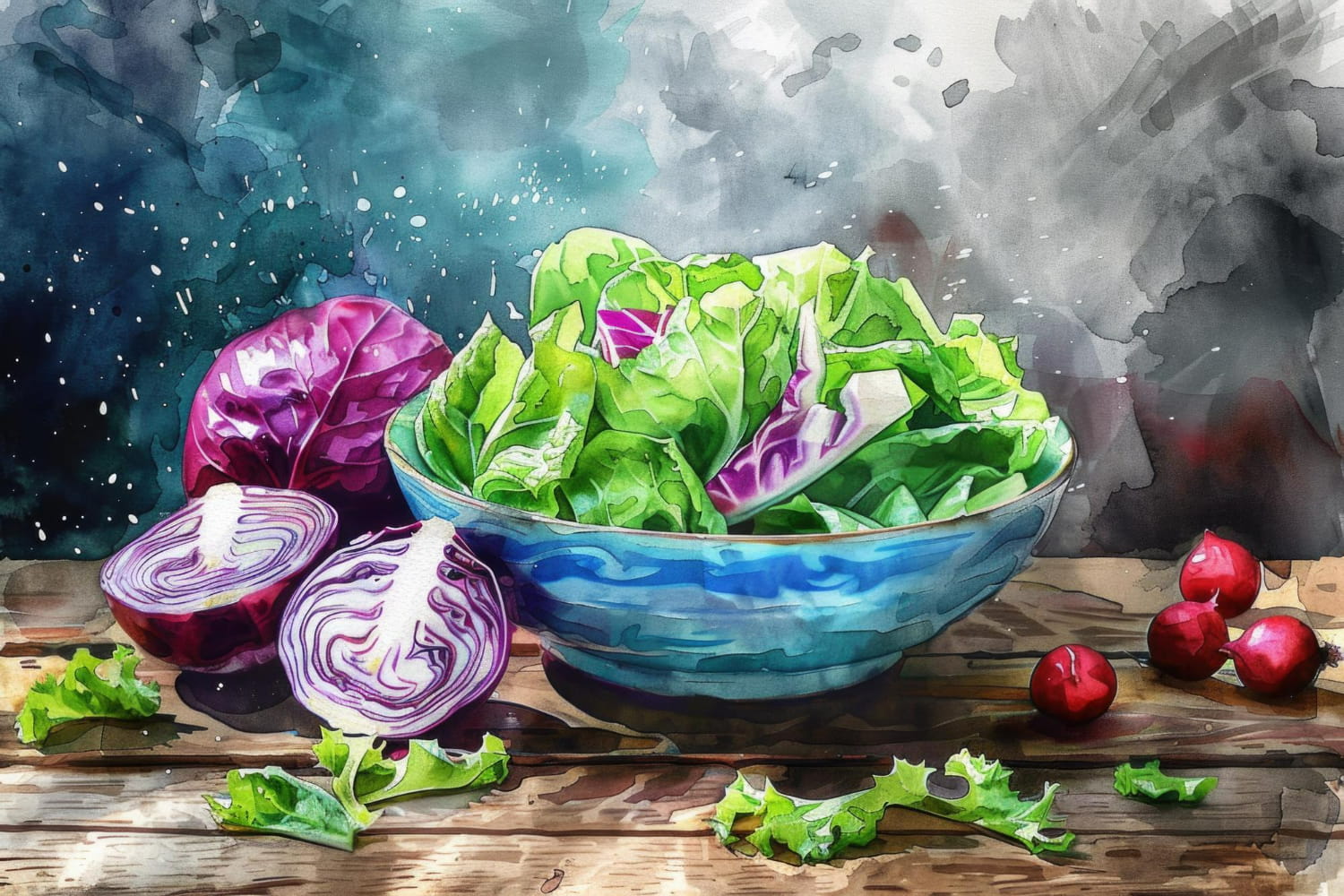 This enchanting watercolor painting celebrates the vibrant beauty of fresh garden vegetables arranged on a rustic wooden surface.
