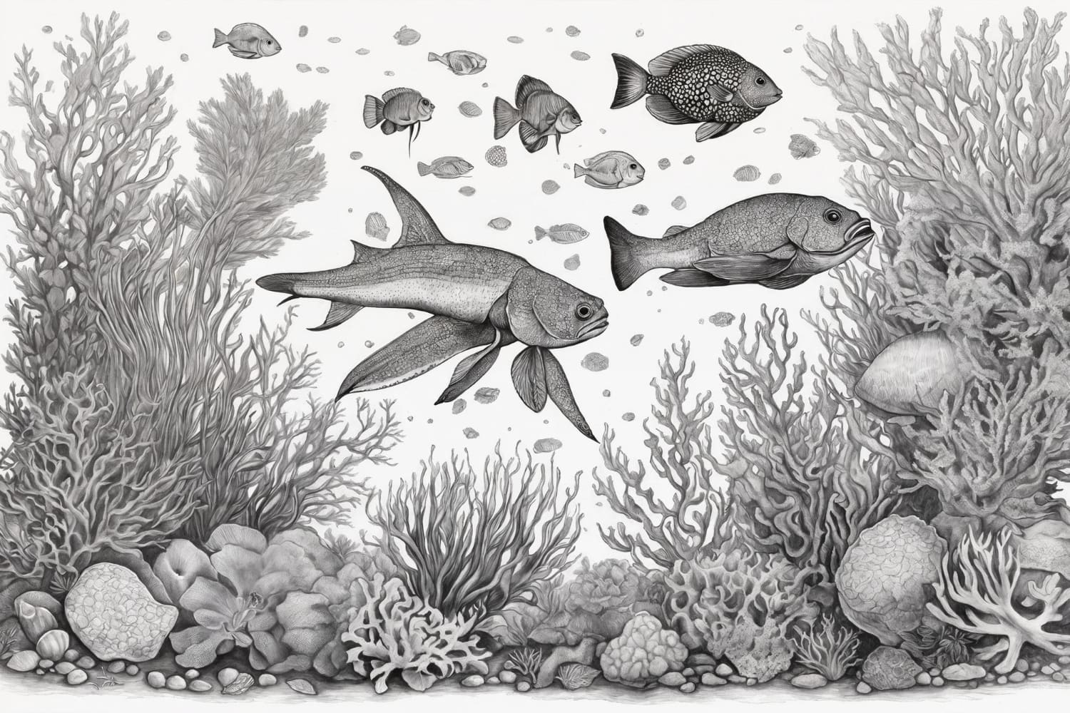 A detailed black and white illustration of various fish swimming among coral reefs, showcasing marine life and underwater beauty.