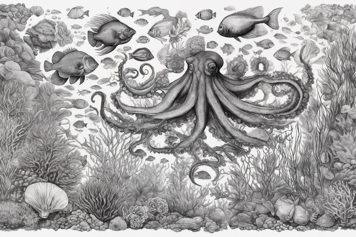 Large, dominantly positioned cephalopod with eight sinuous, flowing tentacles.