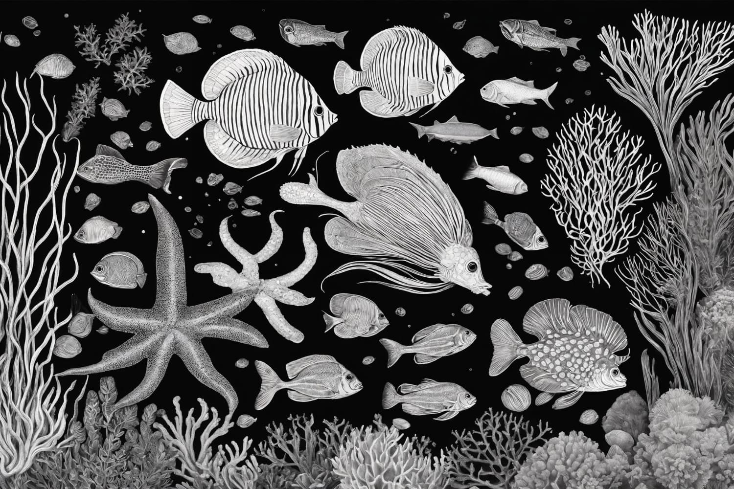Monochromatic black and white rendering on dark background.