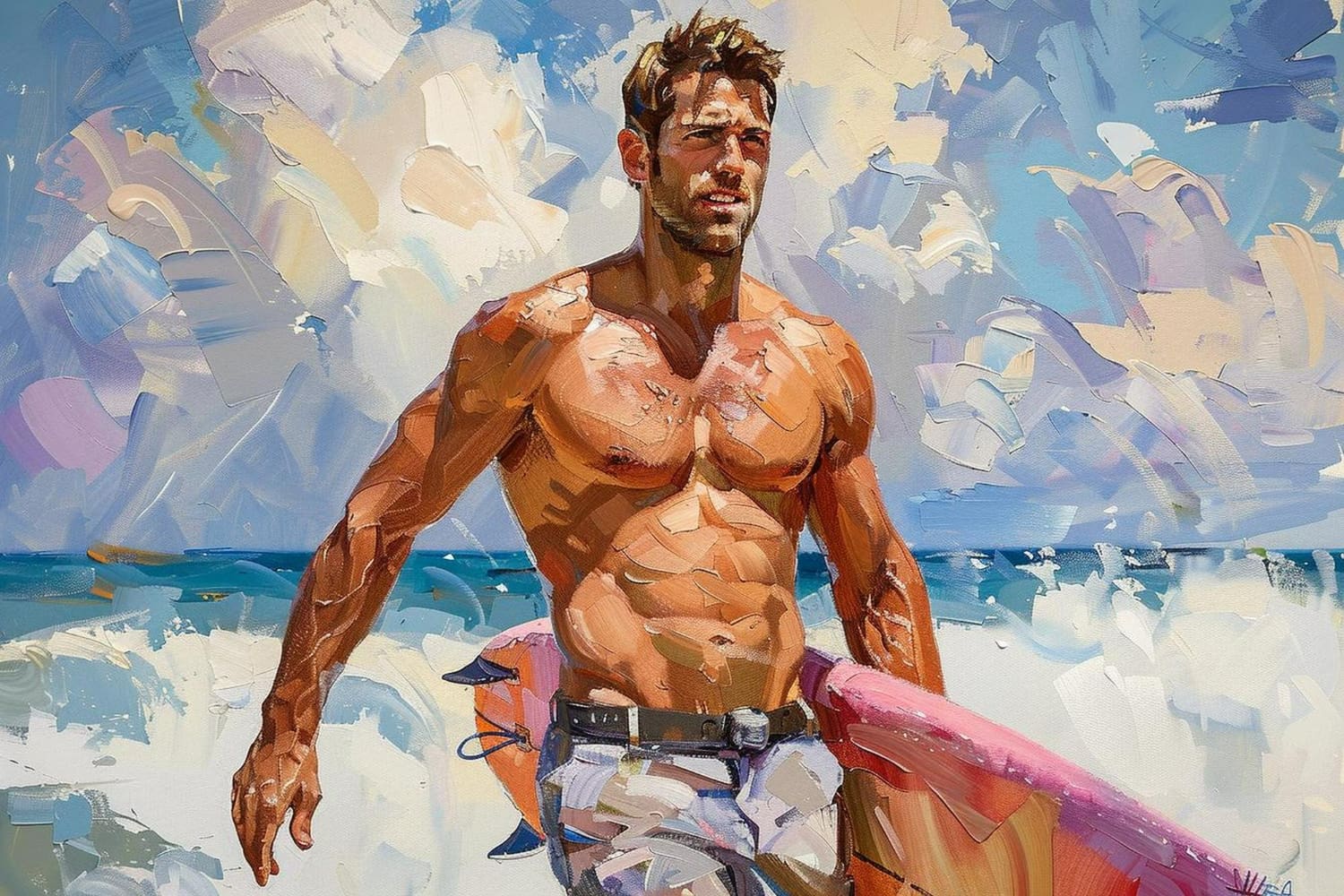 A vibrant lifestyle portrait of a shirtless, exceptionally muscular man standing on a pristine beach with a surfboard tucked under his arm.