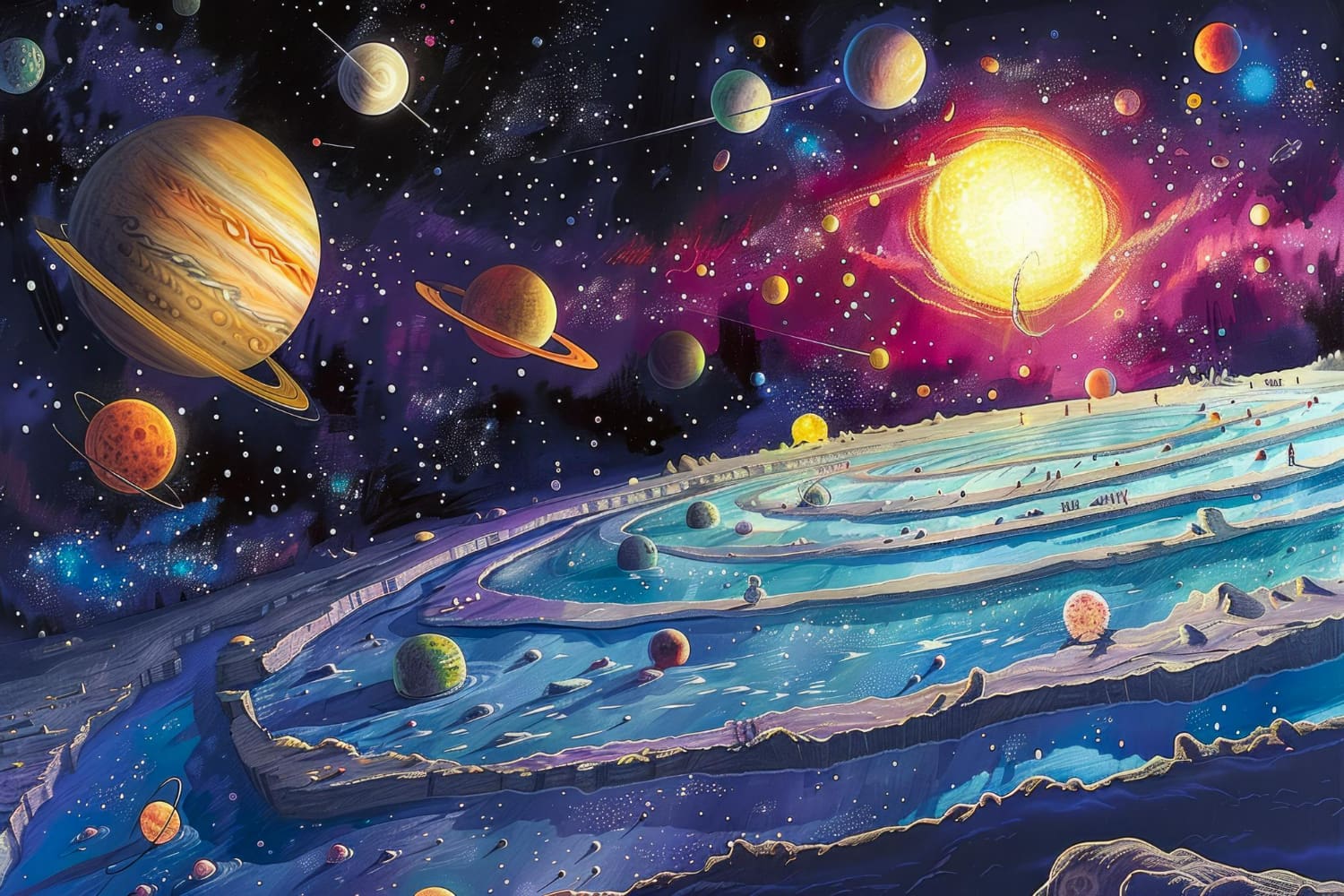 This breathtaking panoramic artwork presents a transcendent view across an otherworldly landscape toward a sprawling multi-planetary system.
