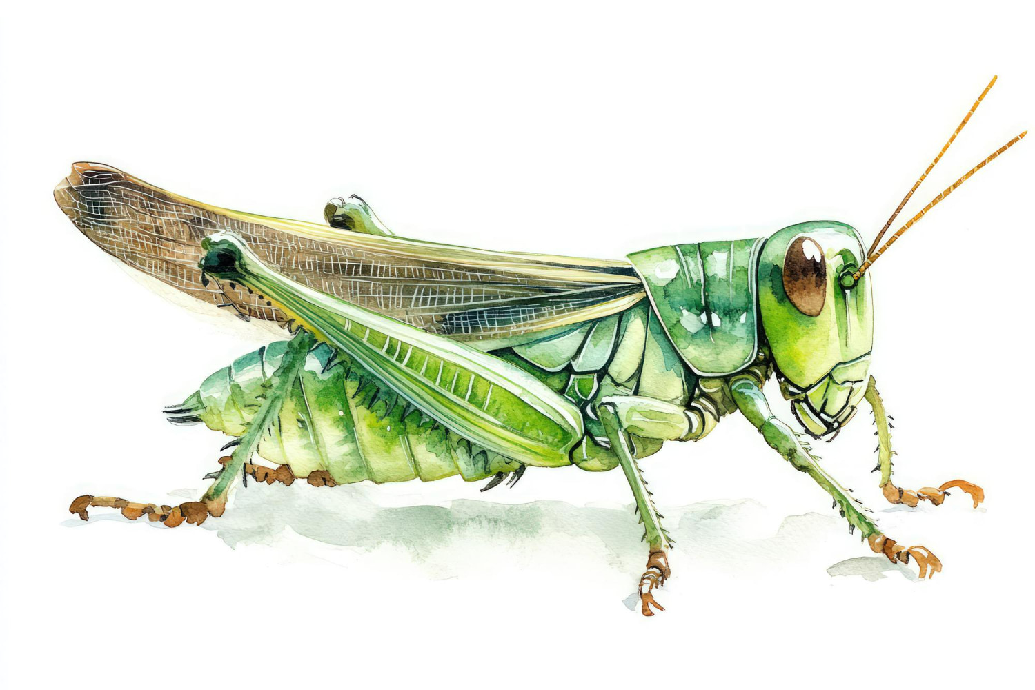 The grasshopper's body is painted in luminous shades of green—from pale, almost translucent lime on the underside to deeper, richer forest greens on the upper segments.