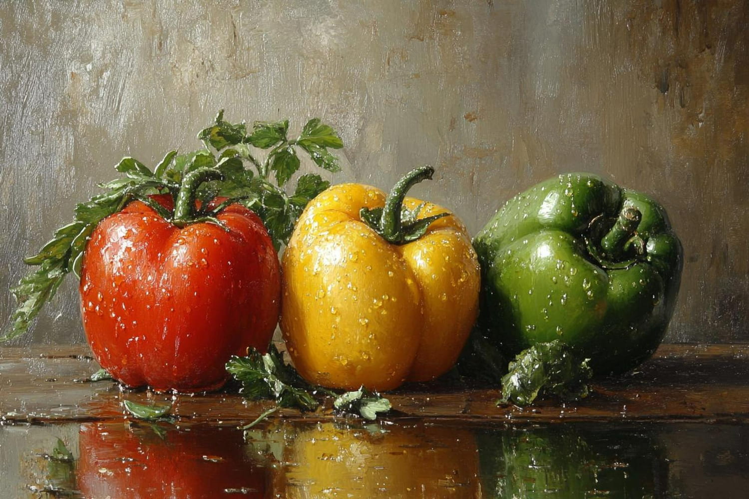 This strikingly realistic still life painting celebrates the simple elegance of fresh bell peppers captured at their peak vitality.