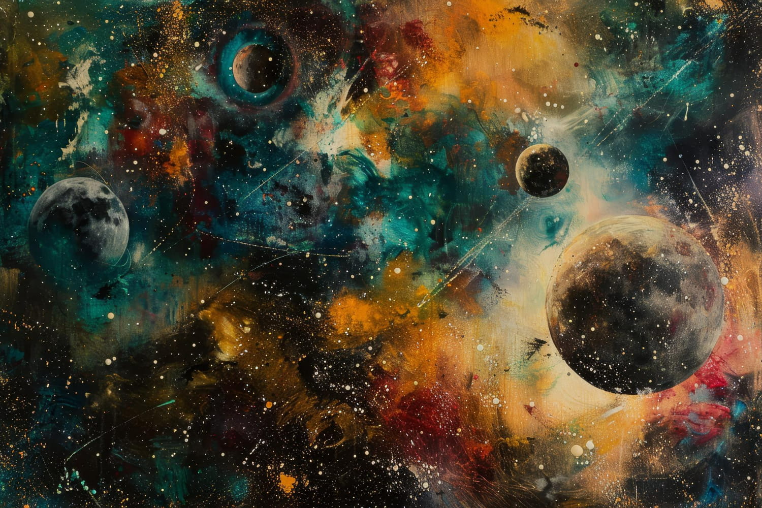 This compelling abstract artwork weaves together the grandeur of space exploration with expressive, gestural brushwork and mixed-media techniques.